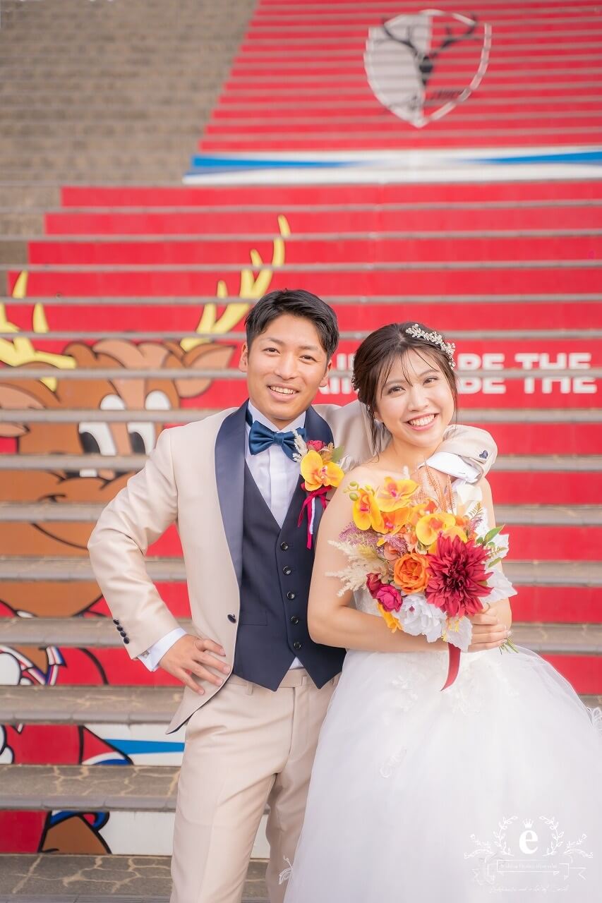 カシマサッカースタジアム 鹿島サッカースタジアム 挙式 結婚式 写真 ウェディング サッカー 趣味 アントラーズ ウェディングフォト ユニフォーム 水戸エクラ エクラ