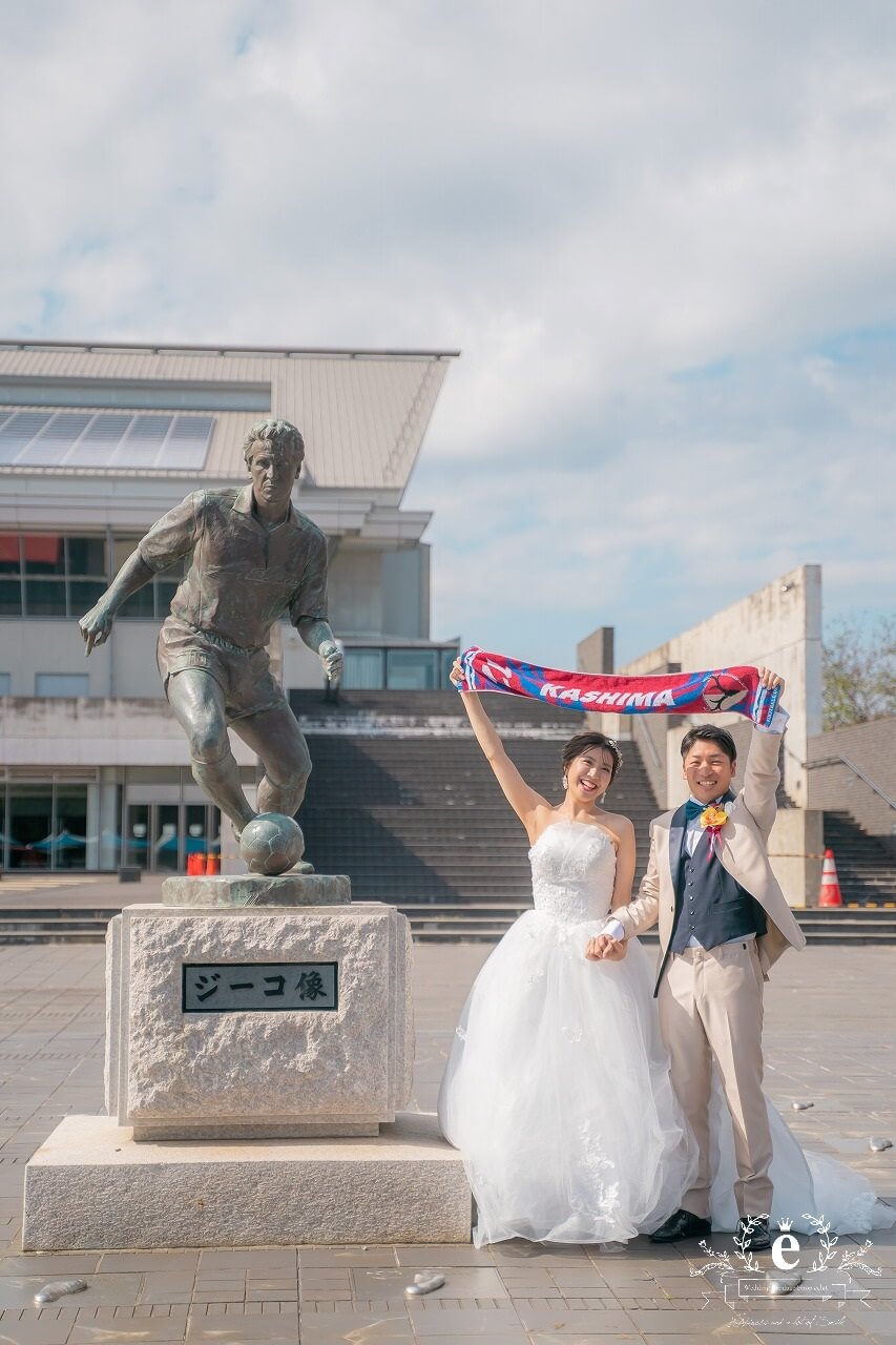 カシマサッカースタジアム 鹿島サッカースタジアム 挙式 結婚式 写真 ウェディング サッカー 趣味 アントラーズ ウェディングフォト ユニフォーム 水戸エクラ エクラ