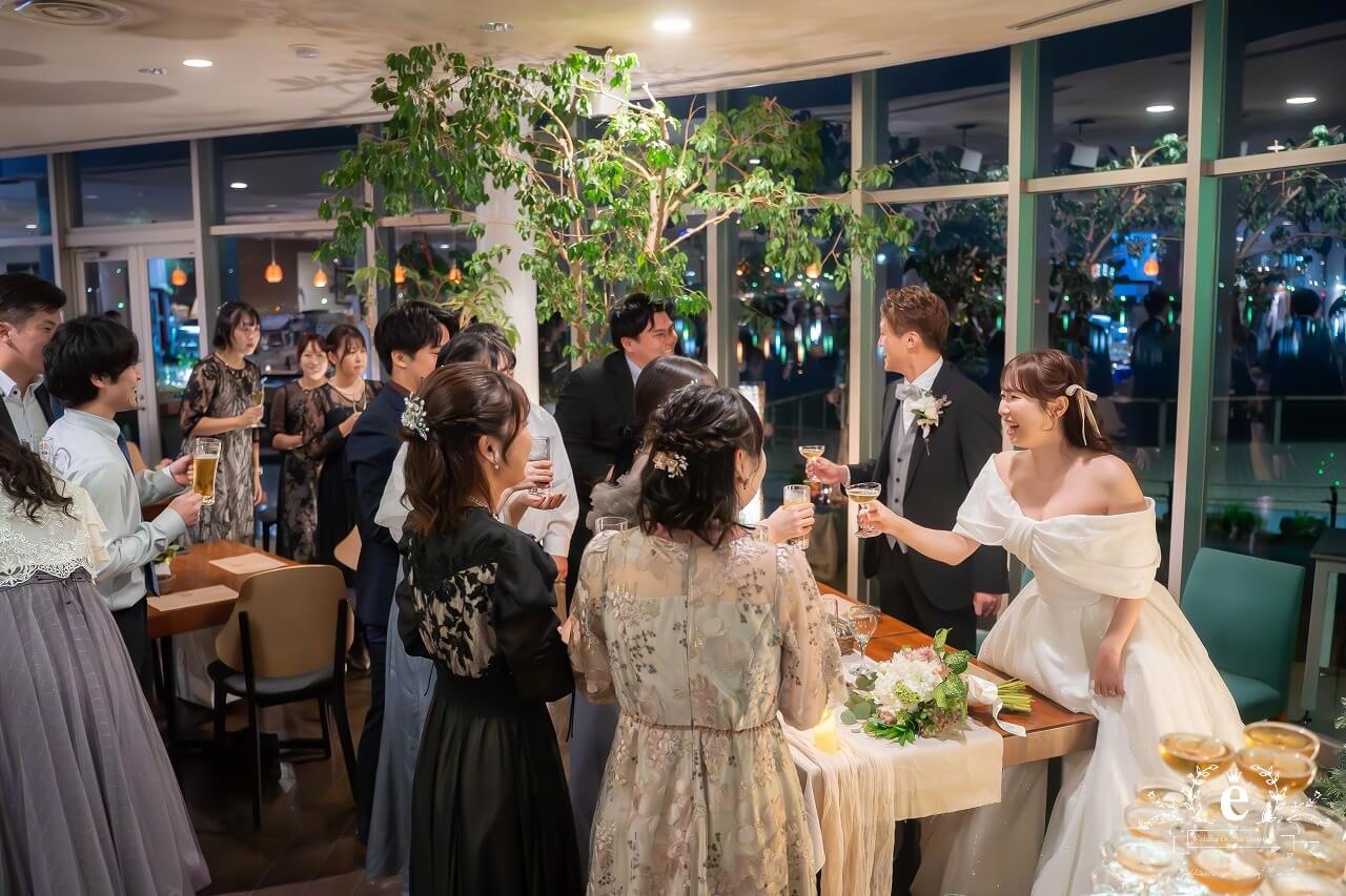 好文カフェ 千波湖 レストラン カフェ 水戸ウェディングパーティー 1.5次会 カジュアル ブッフェ 友人 結婚式 持ち込み ナイトウェディング シャンパンタワー 水戸結婚式 アットホーム 自由 フォト 写真 おしゃれ エクラ プロデュース会社