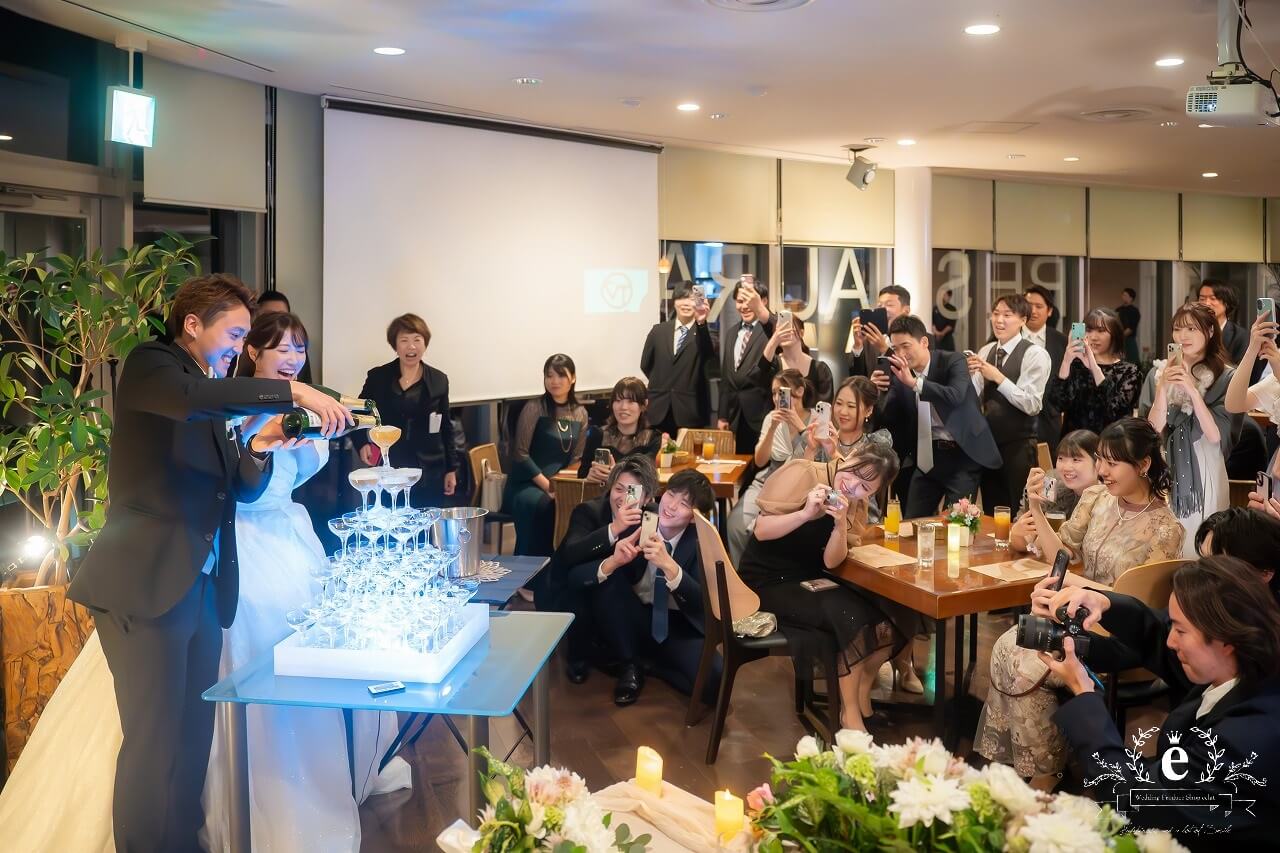 好文カフェ 千波湖 レストラン カフェ 水戸ウェディングパーティー 1.5次会 カジュアル ブッフェ 友人 結婚式 持ち込み ナイトウェディング シャンパンタワー 水戸結婚式 アットホーム 自由 フォト 写真 おしゃれ エクラ プロデュース会社