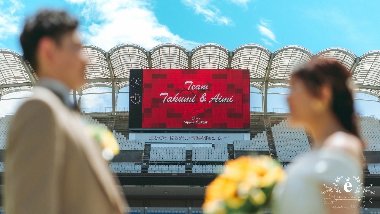 カシマサッカースタジアム カシマスタジアム カシマスタジアム前撮り スタジアム前撮り サッカー前撮り サッカーフォトウェディング ピッチ サッカー 茨城前撮り 茨城フォトウェディング スポーツ 趣味 自由 ユニフォーム 背番号 KASHIMA　鹿嶋市 エクラ スタジオ ロケ